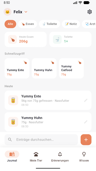 MeowMemo journal screen with quick actions and daily overview