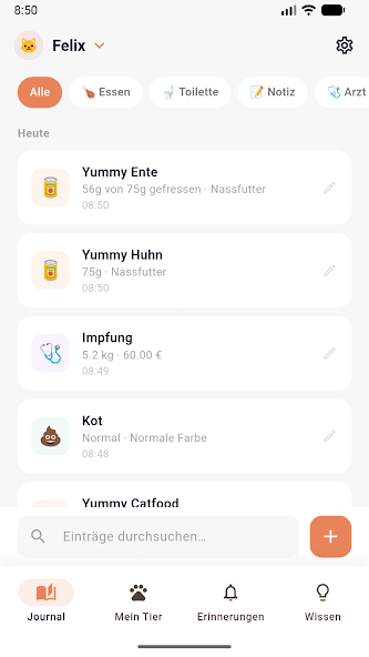 MeowMemo daily journal with feeding, vet, and litter box entries