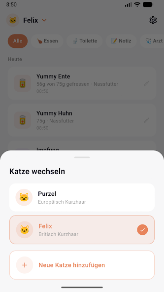 MeowMemo screen for switching between cat profiles