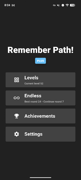 Remember Path main menu with Levels, Endless, Achievements, and Settings