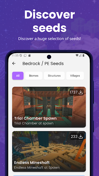 Seeds app browsing Bedrock and PE seeds