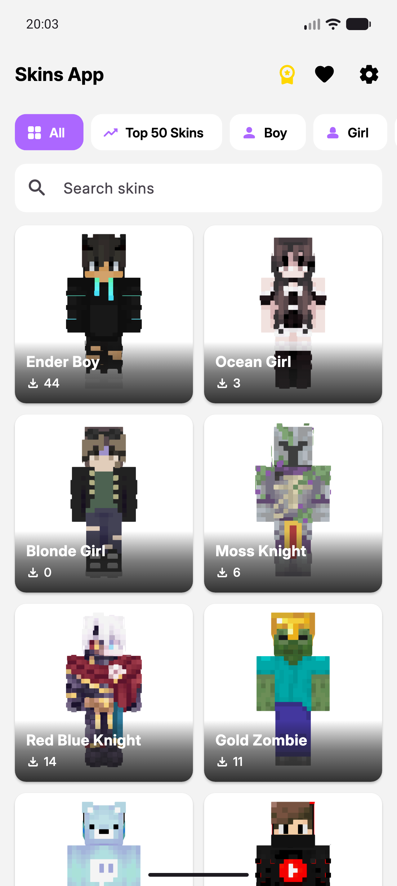 Skins for Minecraft MCPE home screen with featured skins and categories