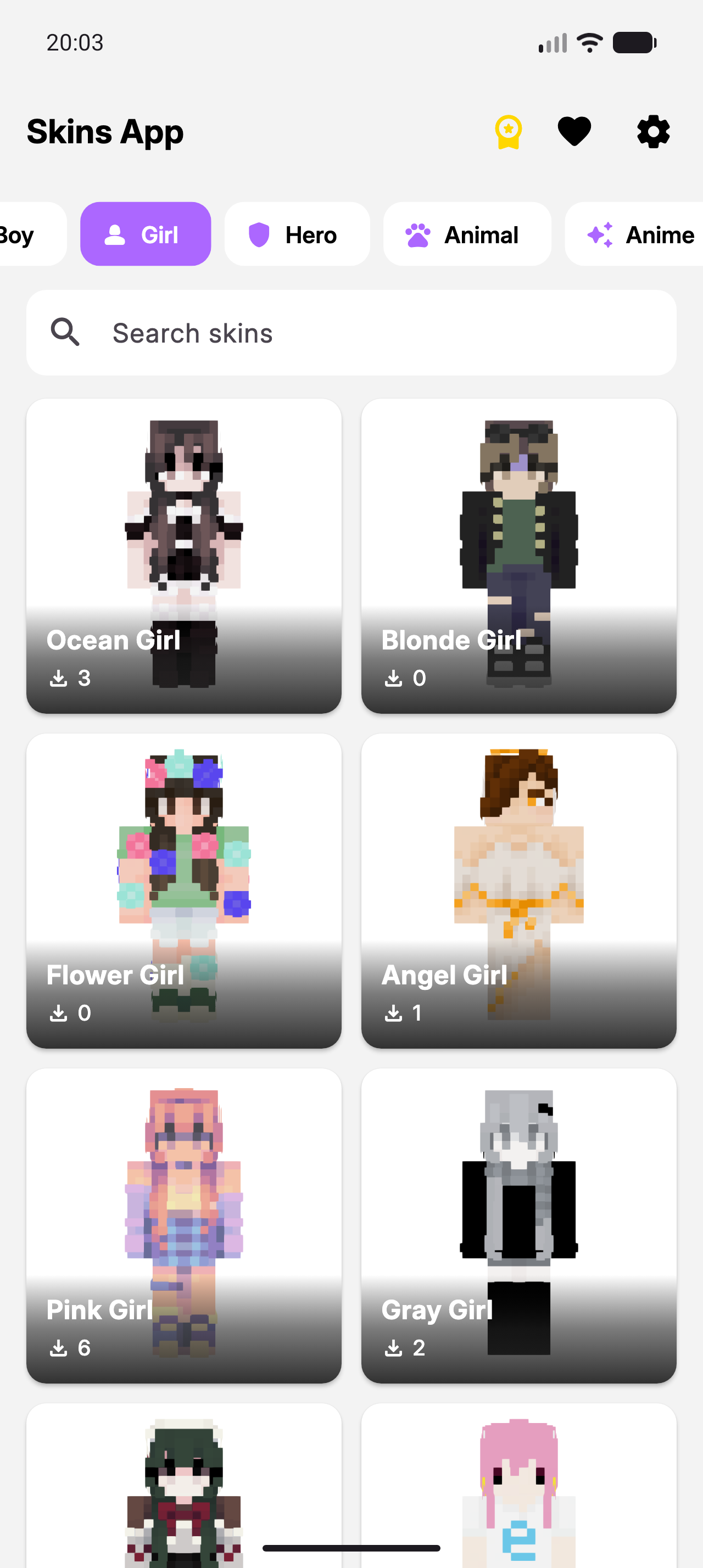 Skins for Minecraft MCPE girl skins category grid