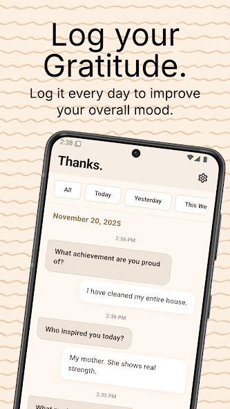 Thanks app gratitude journal screen with daily prompts