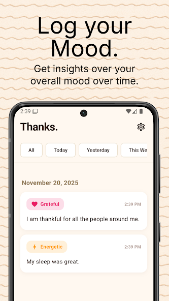 Thanks app mood journal with grateful and energetic entries